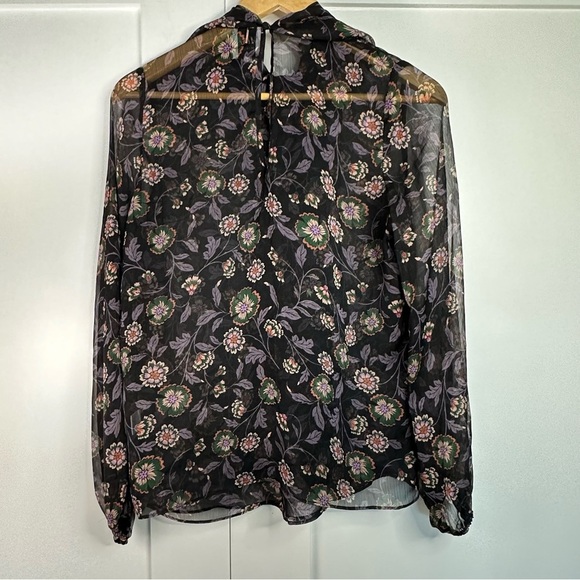 MISA Los Angeles Lulu Floral Top XS blouse long sleeve sheer tie bow black mock - Picture 9 of 16